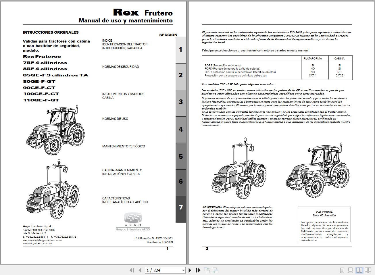 Landini Tractor Rex 75F to 110GT Fruteros Operators Maintenance Manual 4221158M1 ES 1