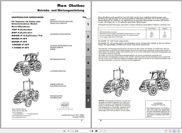 Landini Tractor Rex 75F to 110GT Obstbau Operators Maintenance Manual 4221159M1 DE 1