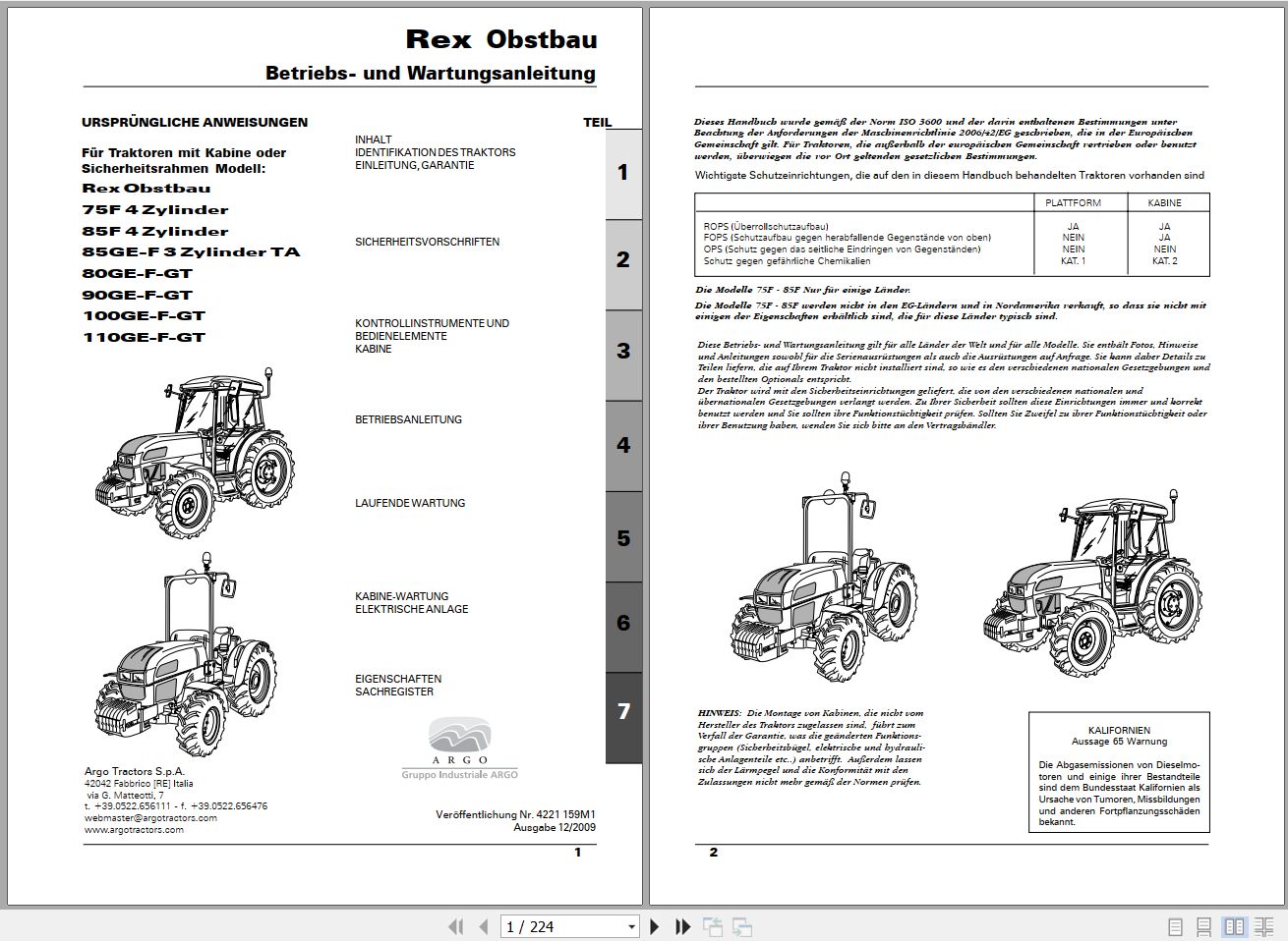 Landini Tractor Rex 75F to 110GT Obstbau Operators Maintenance Manual 4221159M1 DE 1
