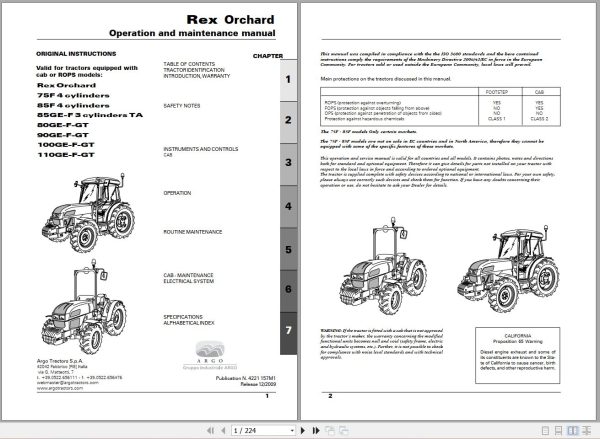 Landini Tractor Rex 75F to 110GT Orchard Operators Maintenance Manual 4221157M1 EN 1