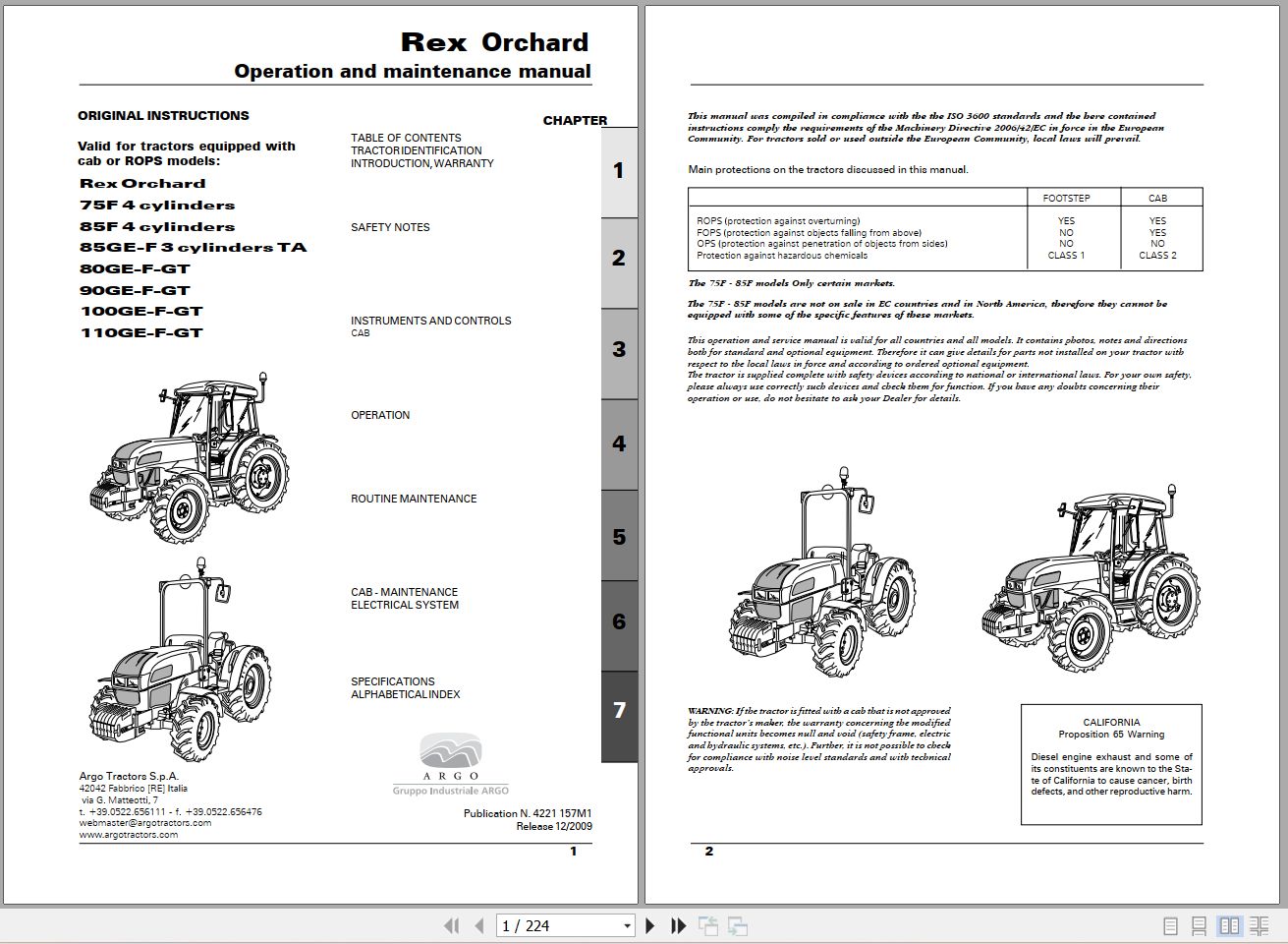 Landini Tractor Rex 75F to 110GT Orchard Operators Maintenance Manual 4221157M1 EN 1