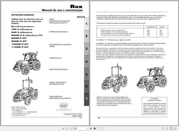 Landini Tractor Rex 75F to 110GT Pomareiros Operators Maintenance Manual 4221161M1 PT 1