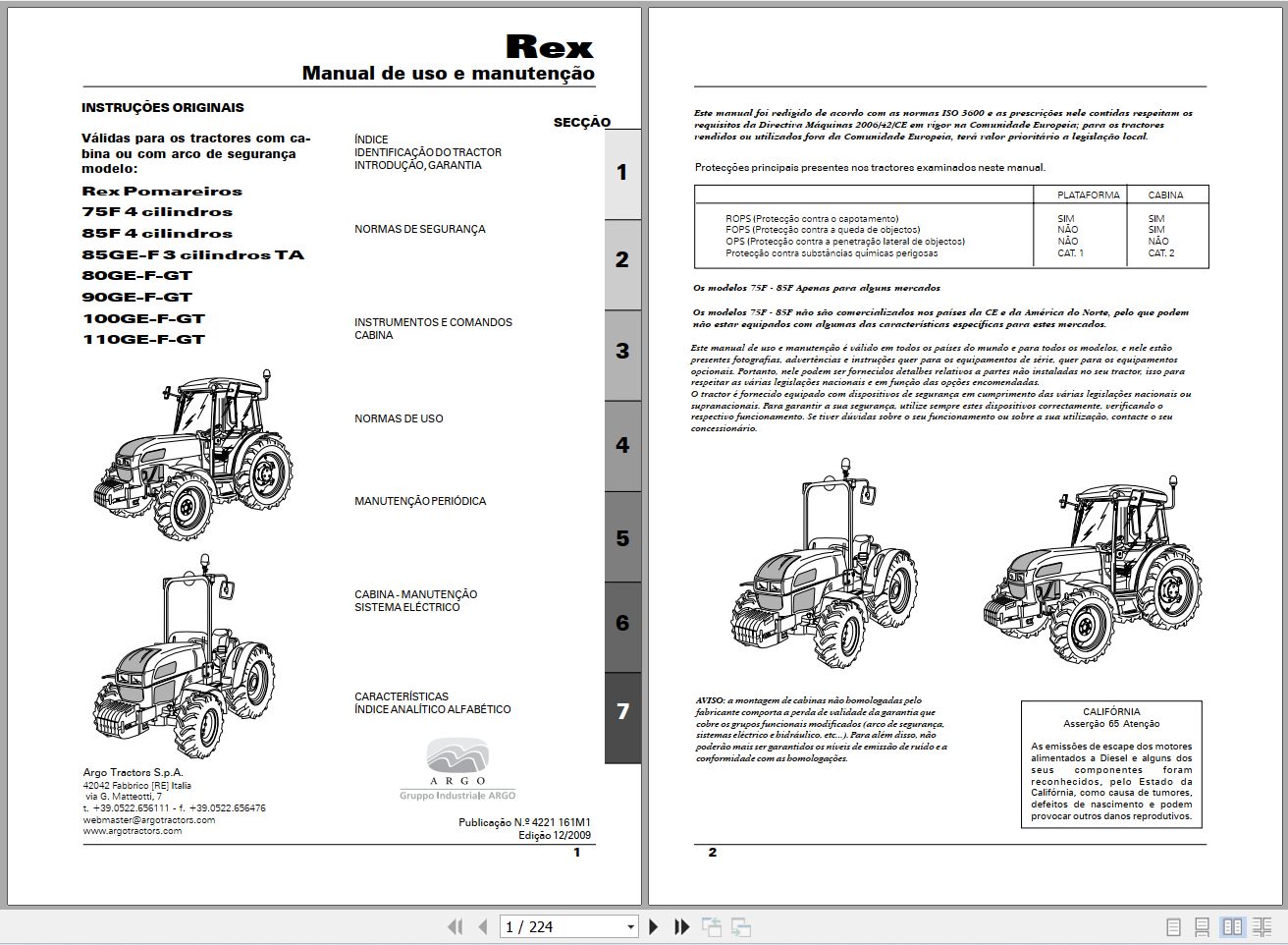 Landini Tractor Rex 75F to 110GT Pomareiros Operators Maintenance Manual 4221161M1 PT 1