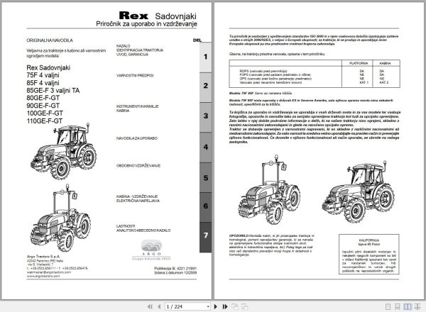Landini Tractor Rex 75F to 110GT Sadovnjaki Operators Maintenance Manual 4221210M1 SL 1