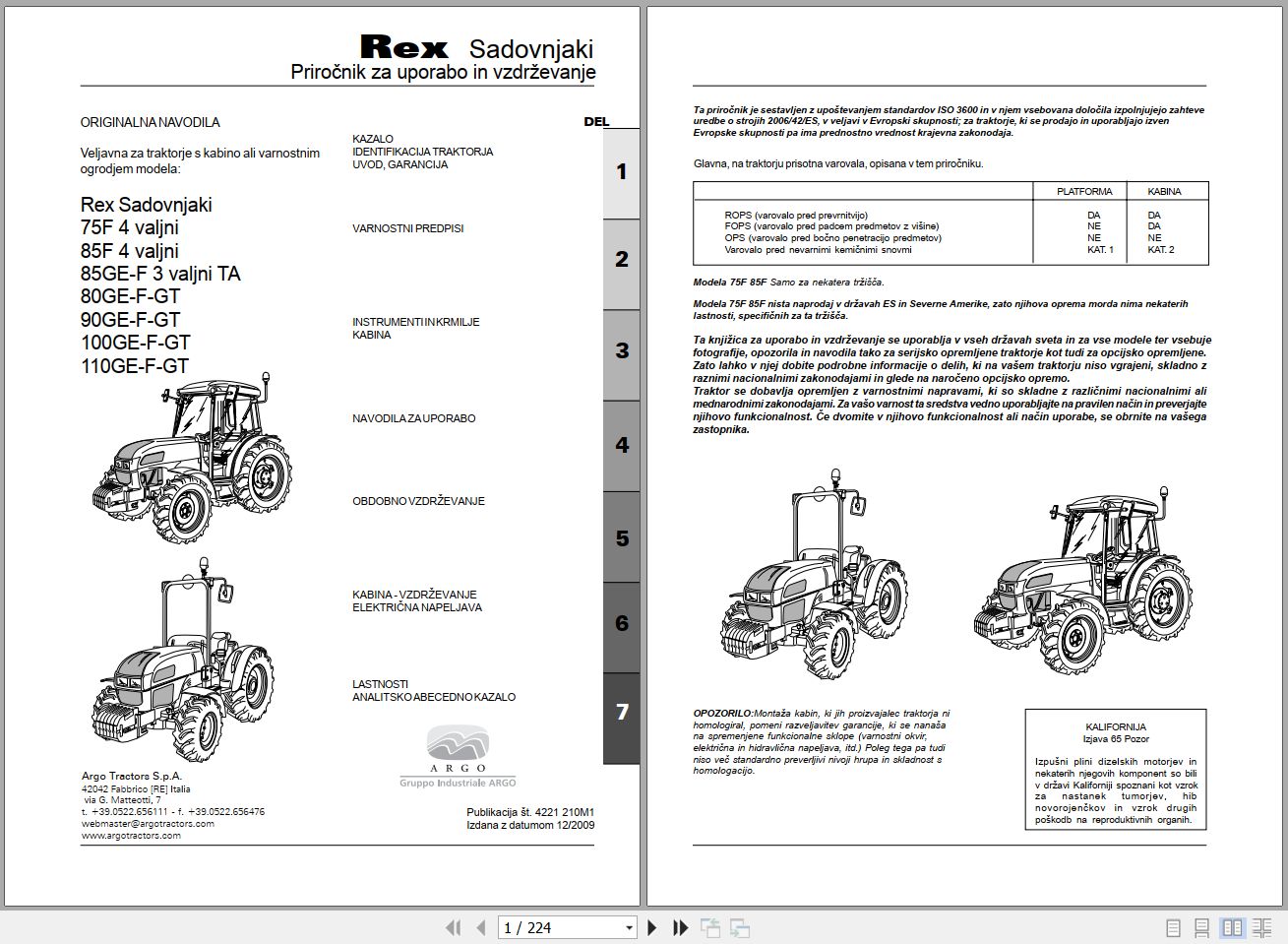 Landini Tractor Rex 75F to 110GT Sadovnjaki Operators Maintenance Manual 4221210M1 SL 1
