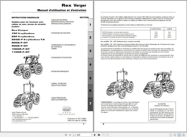 Landini Tractor Rex 75F to 110GT Verger Operators Maintenance Manual 4221156M1 FR 1