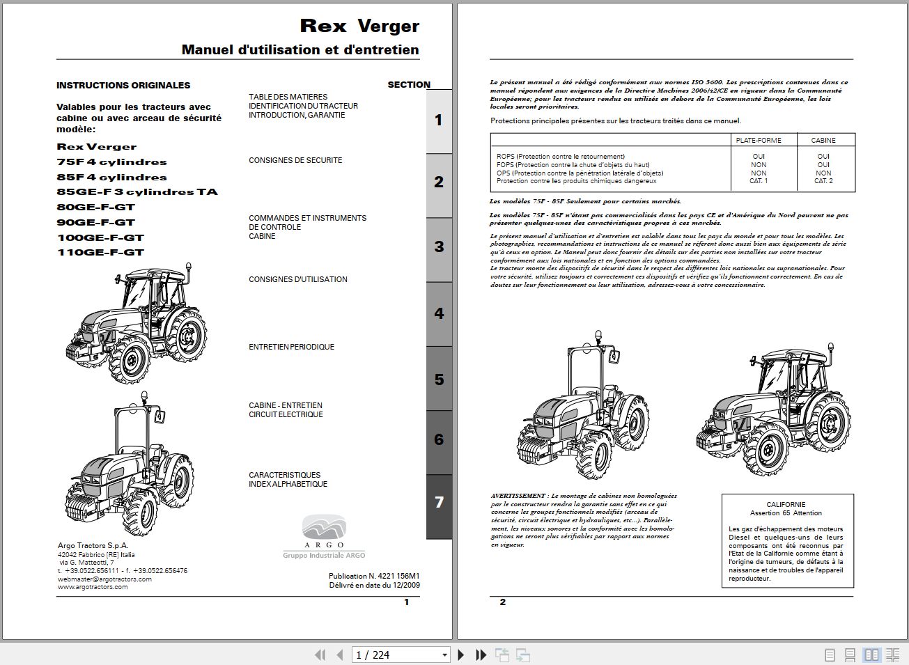 Landini Tractor Rex 75F to 110GT Verger Operators Maintenance Manual 4221156M1 FR 1