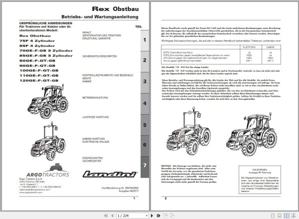 Landini Tractor Rex 75F to 120GB Obstbau Operators Maintenance Manual 6507942M2 DE 1