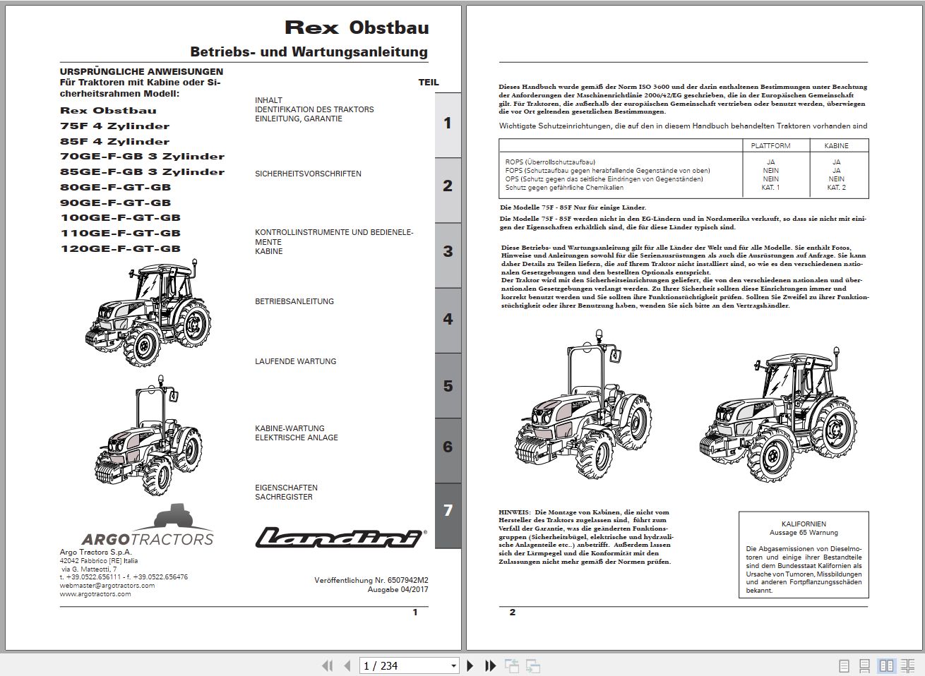 Landini Tractor Rex 75F to 120GB Obstbau Operators Maintenance Manual 6507942M2 DE 1