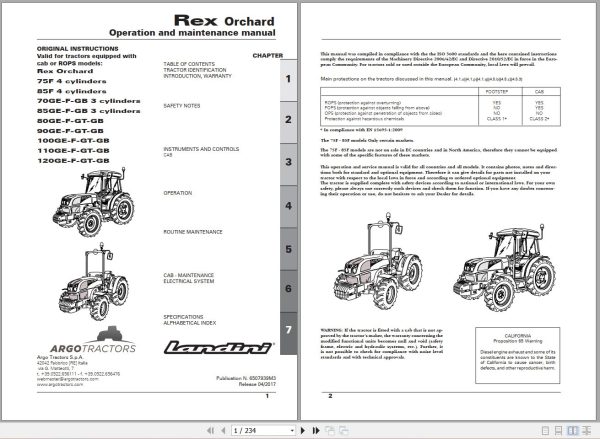 Landini Tractor Rex 75F to 120GB Orchard Operators Maintenance Manual 6507939M3 EN 1
