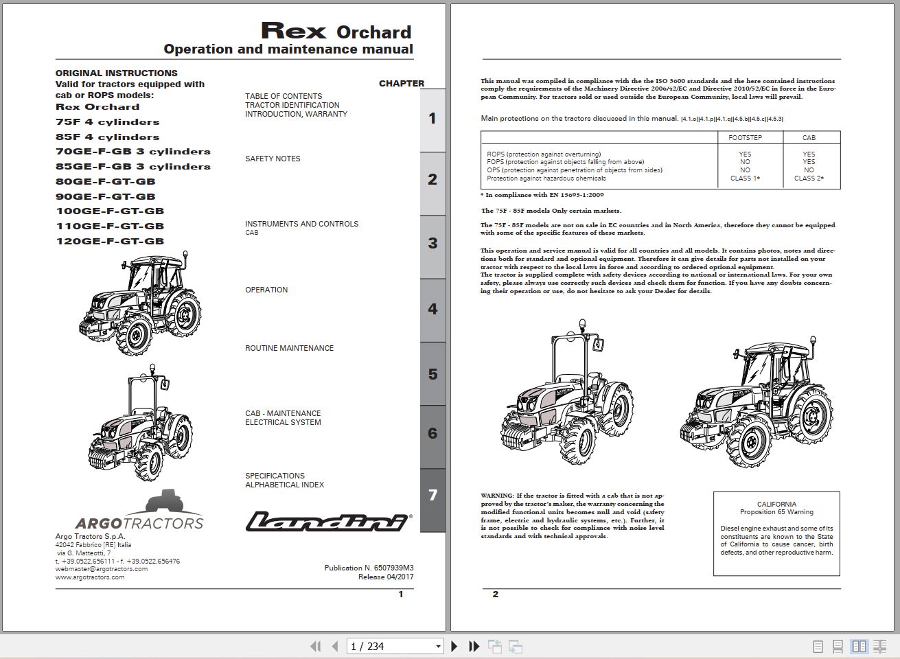 Landini Tractor Rex 75F to 120GB Orchard Operators Maintenance Manual 6507939M3 EN 1