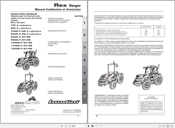 Landini Tractor Rex 75F to 120GB Verger Operators Maintenance Manual 6507940M2 FR 1