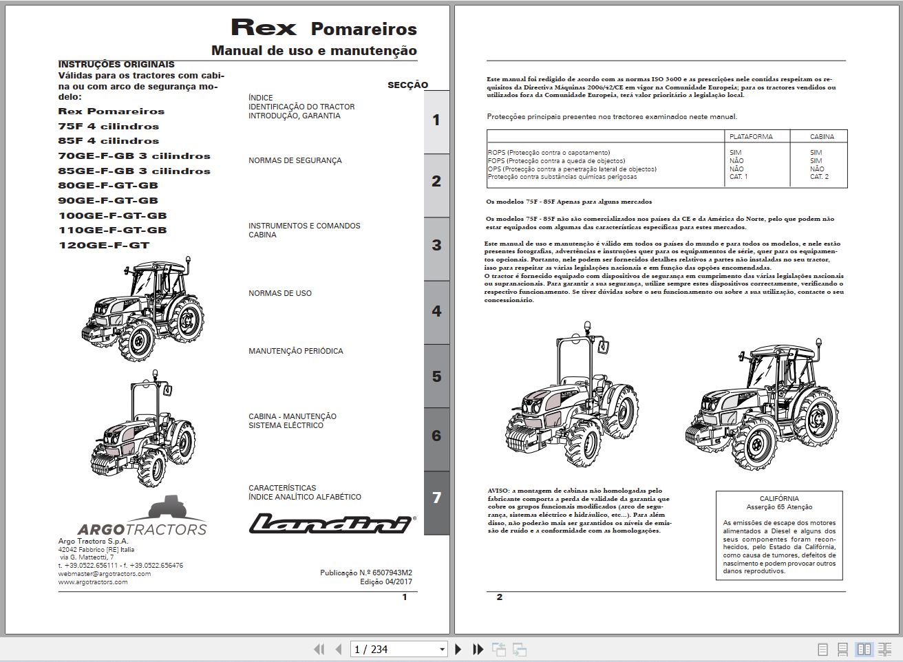 Landini Tractor Rex 75F to 120GT Pomareiros Operators Maintenance Manual 6507943M2 PT 1