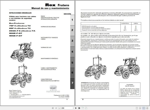 Landini Tractor Rex 75F to 90GT Frutero Operators Maintenance Manual 4221317M1 ES 1