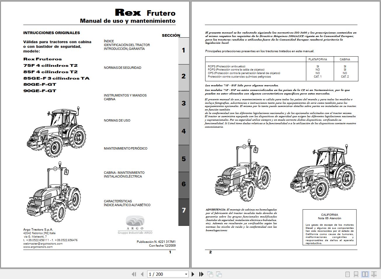 Landini Tractor Rex 75F to 90GT Frutero Operators Maintenance Manual 4221317M1 ES 1