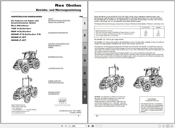 Landini Tractor Rex 75F to 90GT Obstbau Operators Maintenance Manual 4221318M1 DE 1