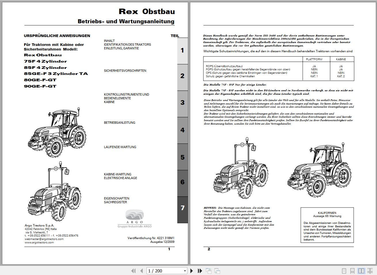 Landini Tractor Rex 75F to 90GT Obstbau Operators Maintenance Manual 4221318M1 DE 1