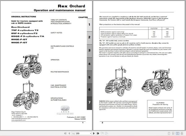 Landini Tractor Rex 75F to 90GT Orchard Operators Maintenance Manual 4221316M1 EN 1
