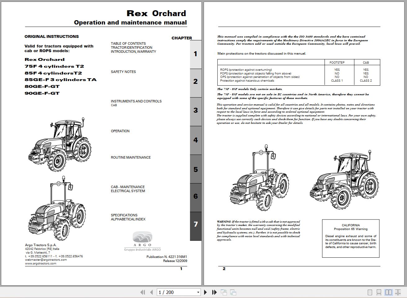 Landini Tractor Rex 75F to 90GT Orchard Operators Maintenance Manual 4221316M1 EN 1