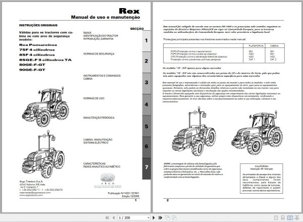 Landini Tractor Rex 75F to 90GT Pomareiros Operators Maintenance Manual 4221321M1 PT 1