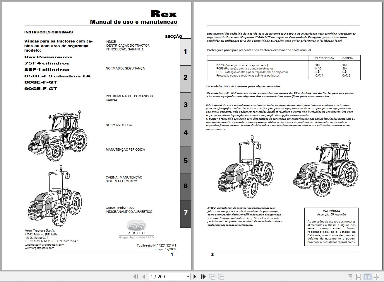 Landini Tractor Rex 75F to 90GT Pomareiros Operators Maintenance Manual 4221321M1 PT 1