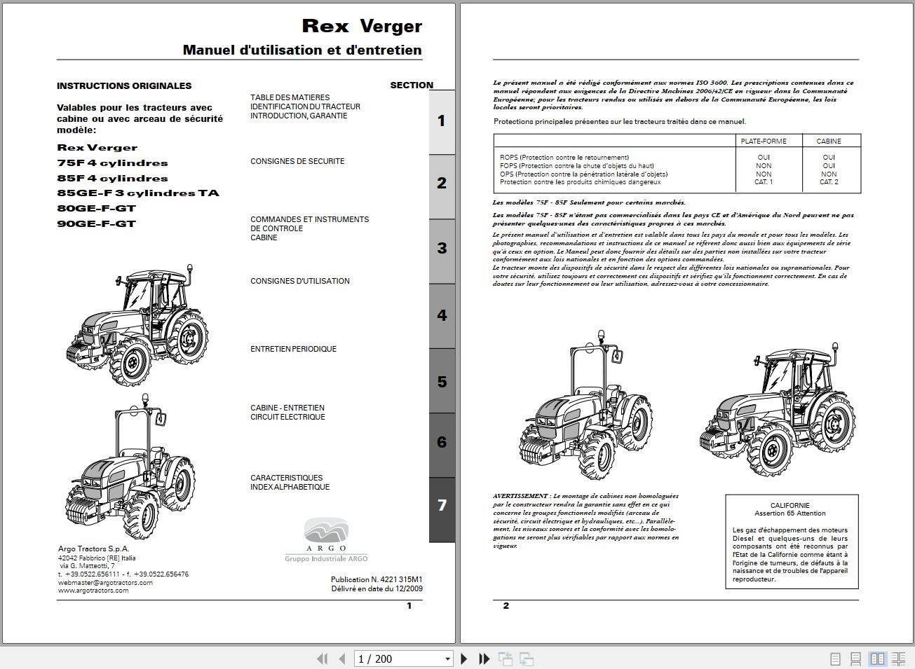 Landini Tractor Rex 75F to 90GT Verger Operators Maintenance Manual 4221315M1 FR 1