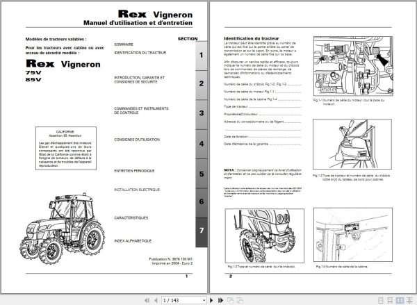 Landini Tractor Rex 75V 85V Vigneron Operators Maintenance Manual 3676130M1 FR 1