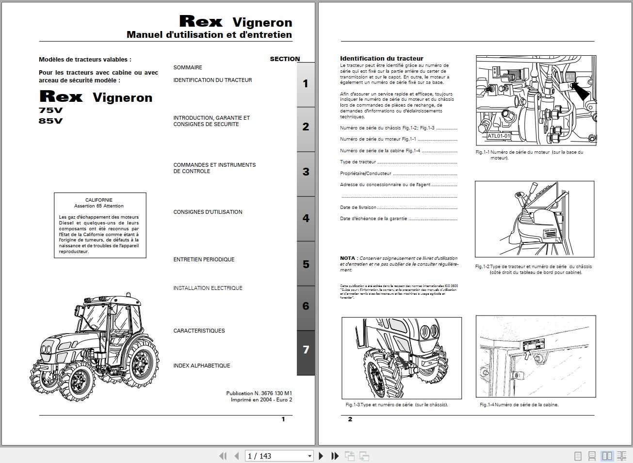 Landini Tractor Rex 75V 85V Vigneron Operators Maintenance Manual 3676130M1 FR 1