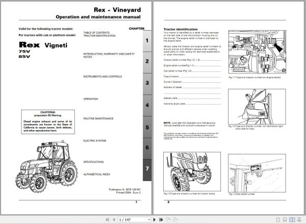 Landini Tractor Rex 75V 85V Vigneti Operators Maintenance Manual 3676129M1 EN 1