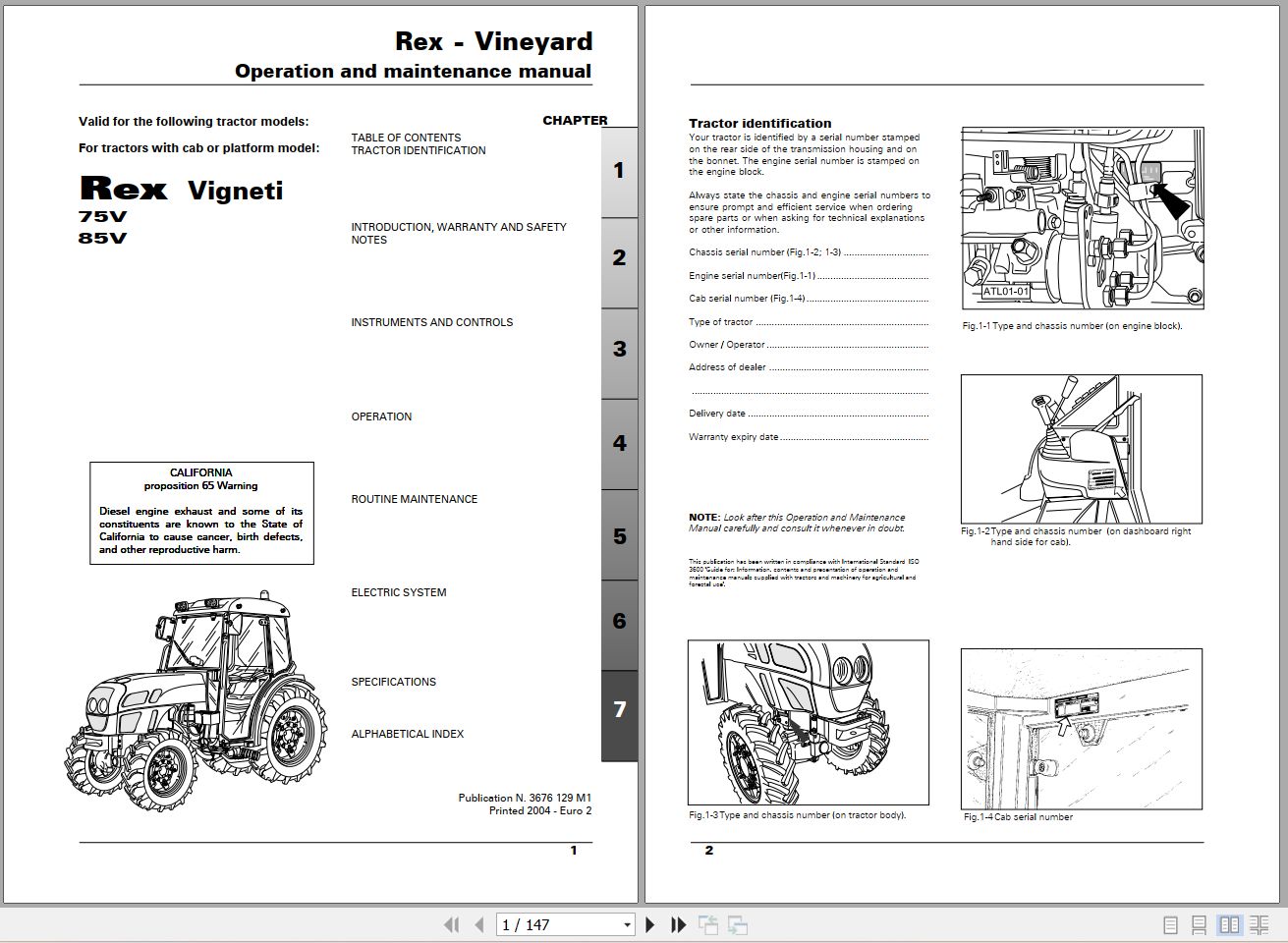 Landini Tractor Rex 75V 85V Vigneti Operators Maintenance Manual 3676129M1 EN 1