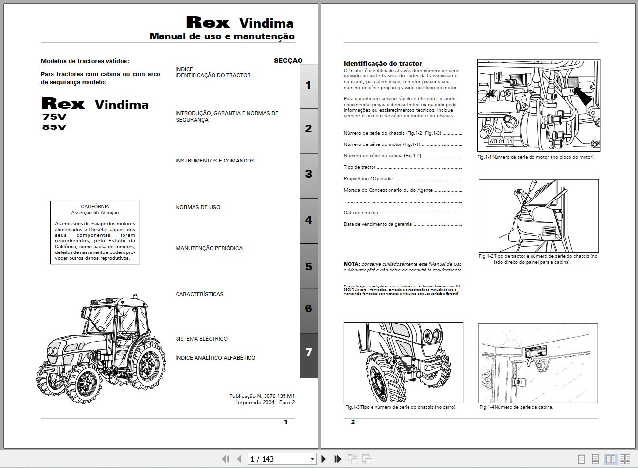 Landini Tractor Rex 75V 85V Vindima Operators Maintenance Manual 3676135M1 PT 1