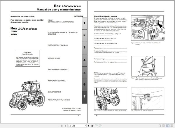 Landini Tractor Rex 75V 85V ViÃ±edos Operators Maintenance Manual 3676131M1 ES 1