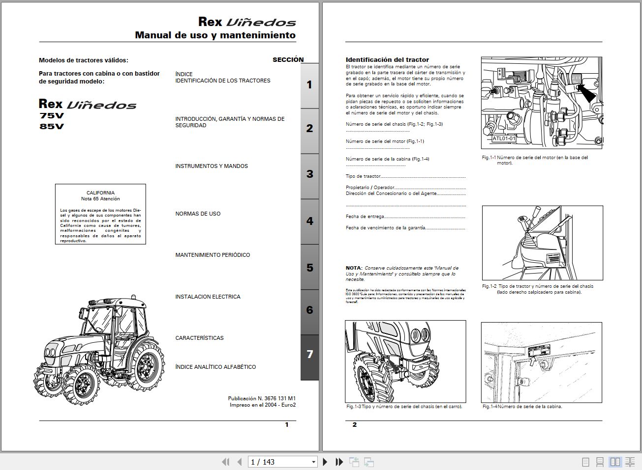 Landini Tractor Rex 75V 85V ViÃ±edos Operators Maintenance Manual 3676131M1 ES 1