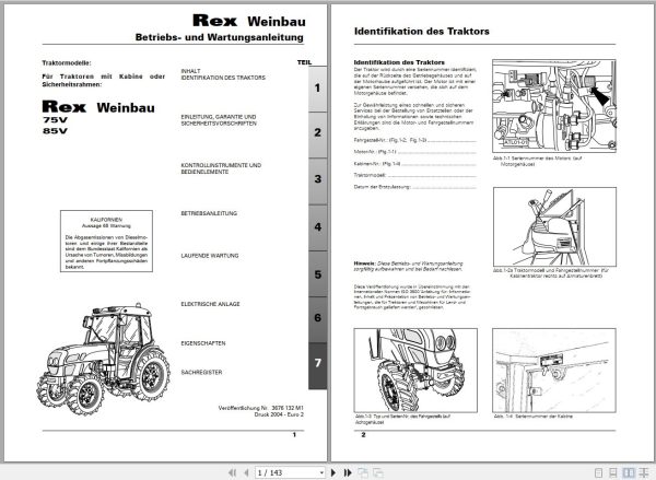 Landini Tractor Rex 75V 85V Weinbau Operators Maintenance Manual 3676132M1 DE 1