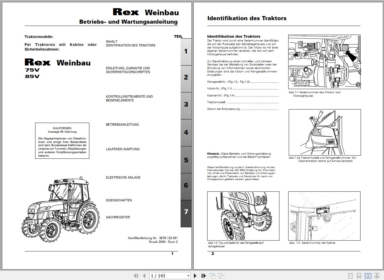 Landini Tractor Rex 75V 85V Weinbau Operators Maintenance Manual 3676132M1 DE 1