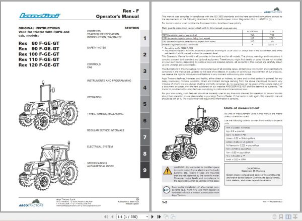Landini Tractor Rex 80 F to Rex 120 GT Operators Maintenance Manual 6685119A3 EN 1