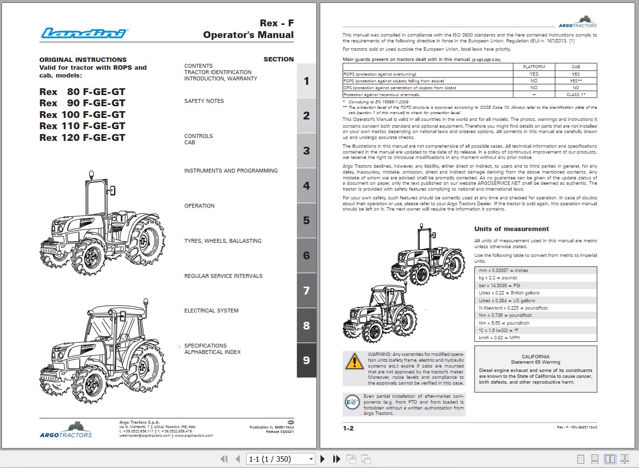 Landini Tractor Rex 80 F to Rex 120 GT Operators Maintenance Manual 6685119A3 EN 1