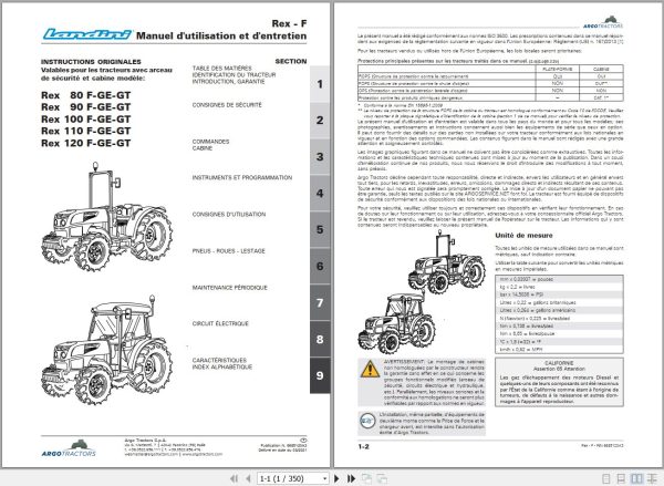 Landini Tractor Rex 80F to 120GT Operators Maintenance Manual 6685120A3 FR 1