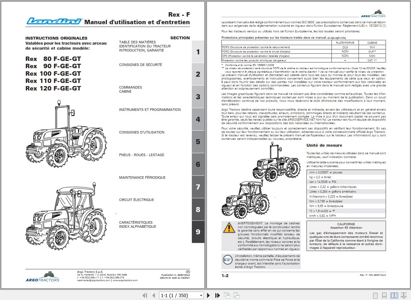 Landini Tractor Rex 80F to 120GT Operators Maintenance Manual 6685120A3 FR 1