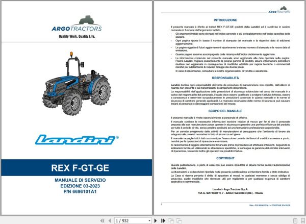 Landini Tractor Rex 80F to 120GT Service Manual 6696101A1 IT 1