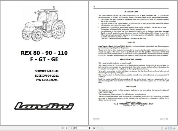 Landini Tractor Rex 80F to Rex 110GE Service Manual 6511326M1 EN 1