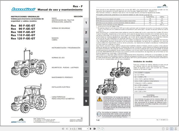 Landini Tractor Rex 80F to Rex 120GT Operators Maintenance Manual 6685121A3 ES 1