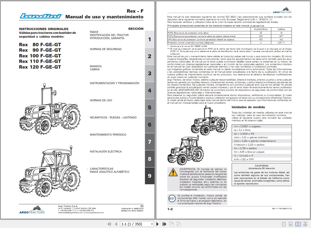 Landini Tractor Rex 80F to Rex 120GT Operators Maintenance Manual 6685121A3 ES 1