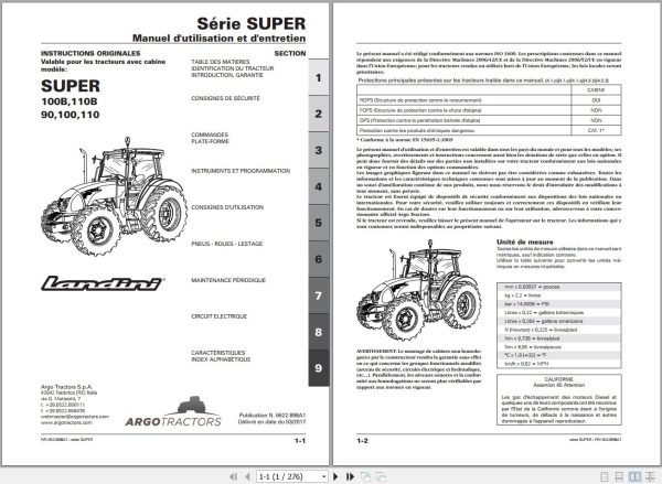 Landini Tractor SUPER 100B to 110 Operators Maintenance Manual 6622898A1 FR 1