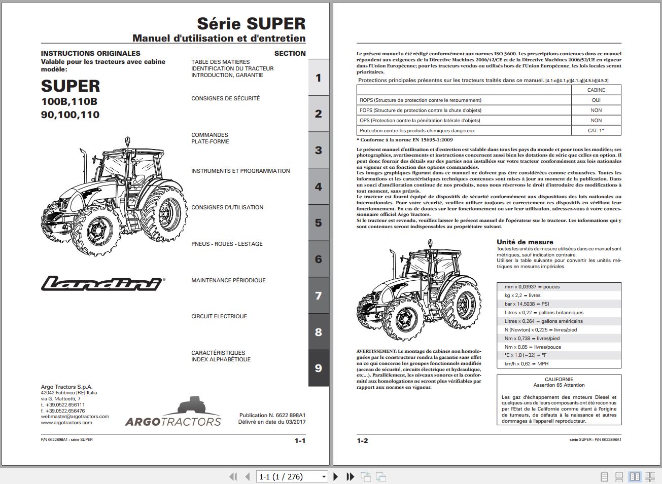 Landini Tractor SUPER 100B to 110 Operators Maintenance Manual 6622898A1 FR 1