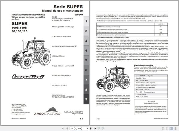 Landini Tractor SUPER 100B to 110 Operators Maintenance Manual 6622927A1 PT 1
