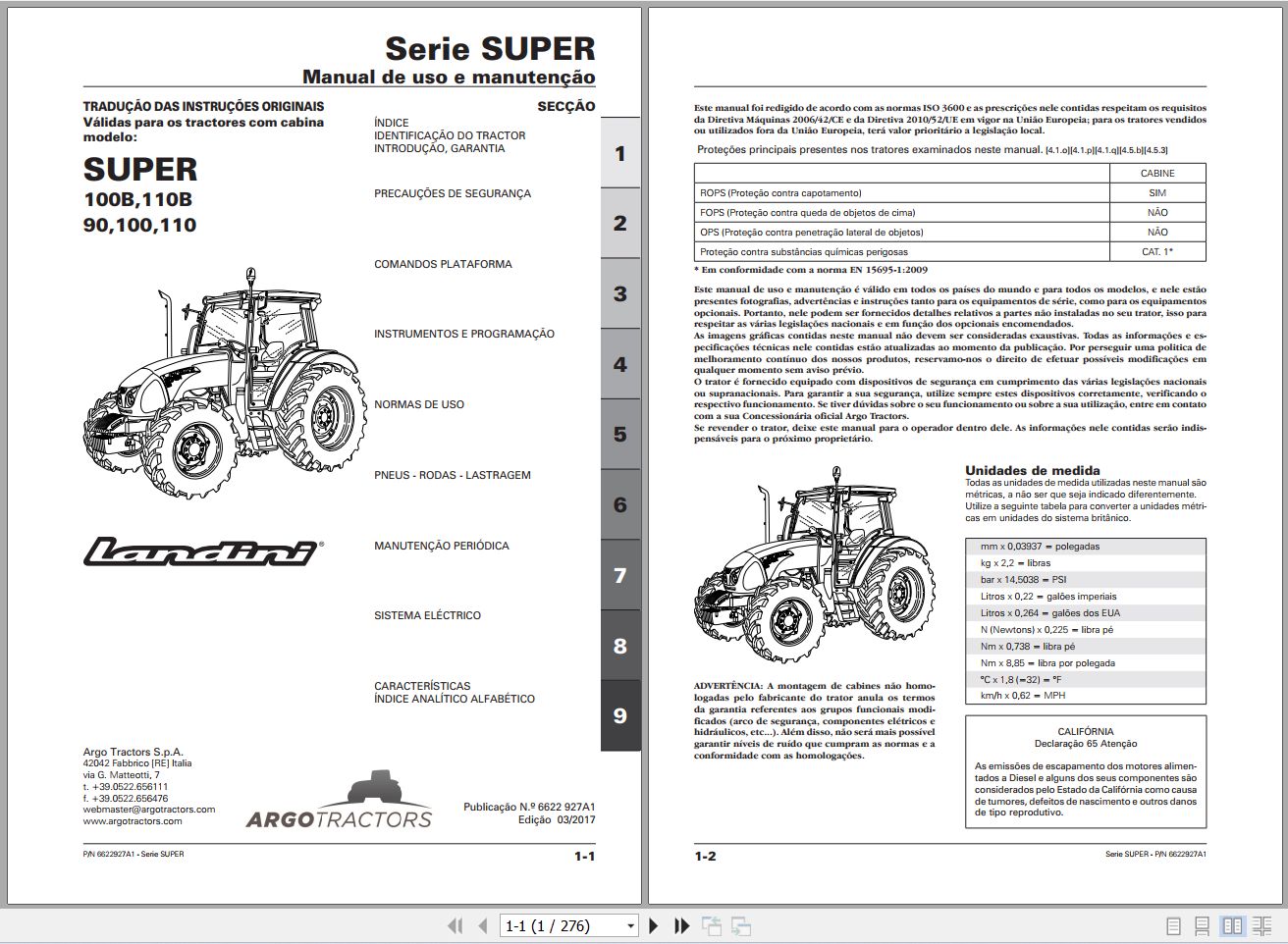 Landini Tractor SUPER 100B to 110 Operators Maintenance Manual 6622927A1 PT 1
