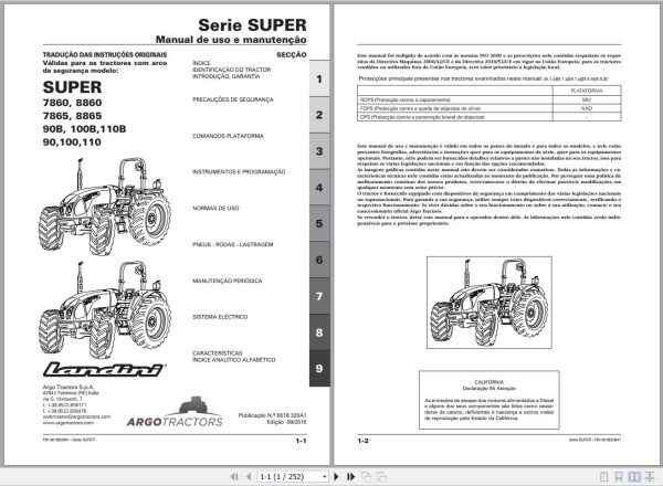 Landini Tractor SUPER 110 to 7860 Operators Maintenance Manual 6618320A1 PT 1