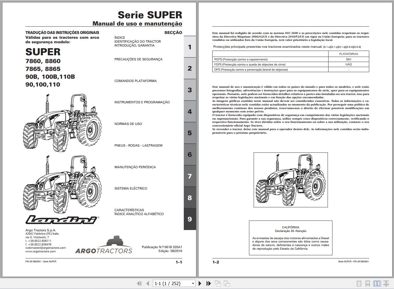 Landini Tractor SUPER 110 to 7860 Operators Maintenance Manual 6618320A1 PT 1