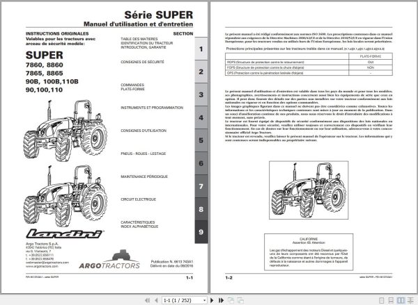 Landini Tractor SUPER 7860 to 110 Operators Maintenance Manual 6613743A1 FR 1